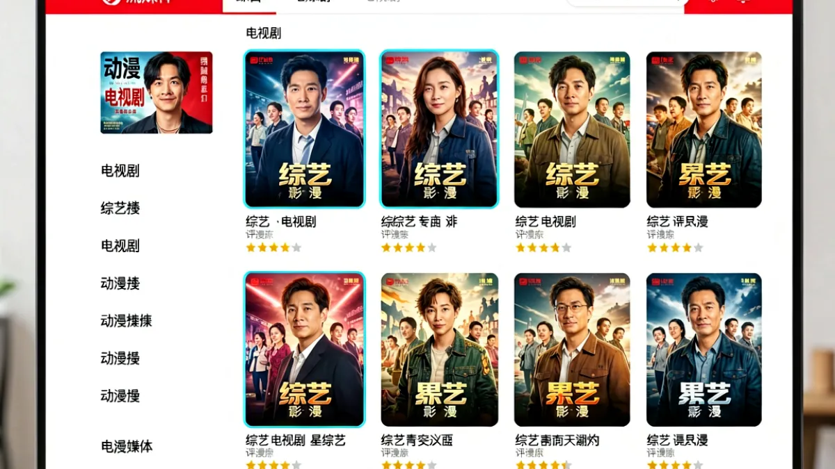 草莓在线观看平台首页界面展示，左侧为分类导航栏，右侧为影视内容卡片流，包含电影、电视剧和综艺等不同类型的推荐条目，整体布局清晰简洁